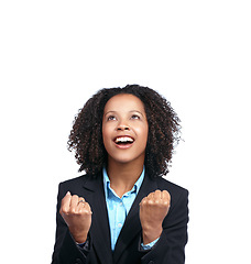 Image showing Fist, looking up and success woman isolated on white background winner, winning and vision for dream career. Mockup space, business person or black woman with goals, wow and celebration hands sign