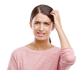 Image showing Confused, thinking and woman in studio portrait for mistake, decision or choice problem isolated on white background. Doubt, idea and model face and hand scratch head for confusion sign on mockup