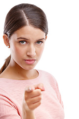 Image showing Woman, pointing finger and standing isolated on a white background alone, serious or choosing. Portrait of young female model showing finger for decision or choice against a white studio background