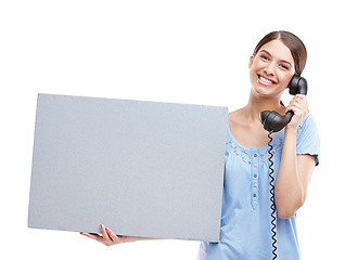 Image showing Telephone, blank sign and portrait of a woman with billboard for advertisement with a smile. Happy, model and white background of a isolated model with sales, advertising and marketing sign for brand