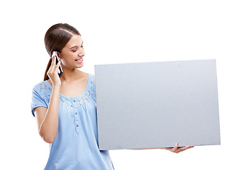 Image showing Woman, studio and paper board with phone call for marketing, communication or networking by white background. Isolated model, using phone or holding branding billboard for vote, advertising or mockup