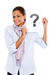 Image showing Woman with question mark poster, portrait and question with branding or advertising isolated on white background. Document, faq and paper sign with marketing, happy and icon, why and interrogation