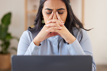 Image showing Corporate woman, laptop and headache with stress, anxiety and tired at desk in web design workplace. Executive leader, manager and burnout with computer in modern office workspace in San Francisco