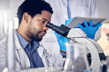 Image showing Black man, scientist and microscope with science research in laboratory, data analysis and expert with scientific or medical innovation. Phd doctor, face and biotechnology, chemistry and study in lab