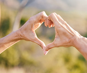 Image showing Hands, heart and woman with a love symbol in nature in garden while on adventure, vacation or trip. Freedom, romance and hand romantic gesture with shape emoji in the park, forest or woods on holiday