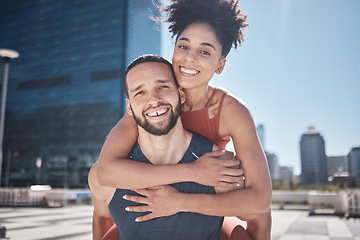 Image showing Fitness, piggyback and couple of friends in city workout, training or exercise portrait for support, love and energy with teamwork. Urban, sports and strong, athlete black people with cardio goals