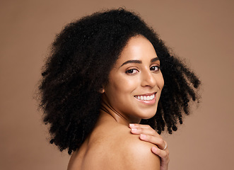 Image showing Afro woman, hand or face skincare on studio background in self love hug, healthcare wellness or body dermatology. Portrait, smile or beauty model with natural hairstyle, makeup cosmetic or manicure