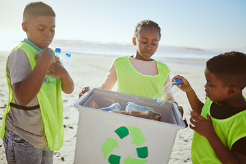 Image showing Group of children cleaning beach or recycling plastic for education, learning or community help in climate change project, ngo and charity. African friends with recycle box and teamwork on earth day