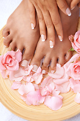 Image showing Beauty treatment, skincare and feet of a woman with flowers for cleaning, pedicure and detox. Spa, dermatology and foot and hands of a model with a floral, cosmetic and natural manicure with roses