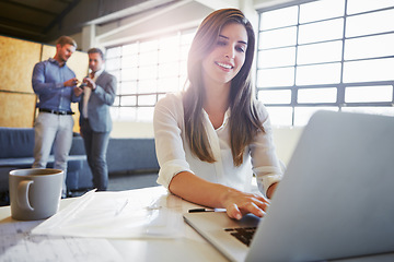 Image showing Typing, laptop and business woman in office writing email in workplace. Planning, computer and happy female employee working on sales report, marketing project or advertising proposal in company.