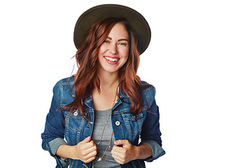 Image showing Woman, portrait or fashion clothes with hat on isolated white background in cool brand marketing on mockup. Smile, gen z or model and denim jacket, trendy or clothing ideas on studio mock up backdrop