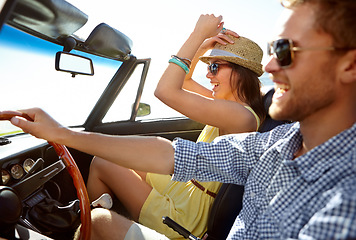 Image showing Car road trip, travel profile and happy couple on bonding holiday adventure, transportation journey or fun summer vacation. Love flare, convertible automobile and driver driving on Canada countryside