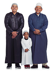 Image showing Muslim, family and portrait of men in studio for Islamic, prayer and bonding on white background. Islam, generation and mature man teaching prayer, worship and religion values while standing isolated