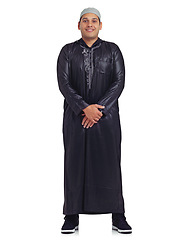 Image showing Muslim, religion and happy man portrait with a islamic dress with a smile about faith. White background, isolated and young arabic person smiling with happiness and culture in a studio alone