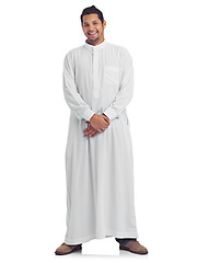 Image showing Islamic clothes, muslim man and studio portrait isolated on white background for arabic culture. Holy moslem guy, religion and peace for eid mubarak, spiritual worship and fasting in ramadan to allah