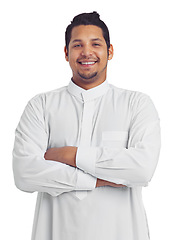 Image showing Muslim man, studio portrait and arms crossed isolated on white background for religion, arabic clothes and faith. Happy moslem guy, spiritual leader and trust with smile, holy ramadan and eid mubarak