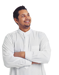 Image showing Muslim man, studio and thinking of islamic culture isolated on white background of holy religion. Happy moslem guy, mockup and daydream of spiritual ideas with smile, ramadan and pray for eid mubarak