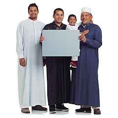 Image showing Muslim family, men portrait and poster space with a happy child and people together for Islam religion. Arab dad and males with banner sign for eid, charity and support isolated on a white background