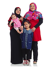 Image showing Muslim women, portrait and family with children in studio for Islam religion, love and peace in studio. Arab mother, grandmother and kids together for Islamic culture isolated on a white background