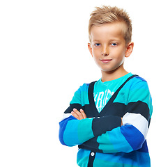 Image showing Fashion, young and portrait of boy on a white background standing with crossed arms, trendy and casual clothes. Childhood, relax and kid isolated in studio with confidence, attitude and cool style