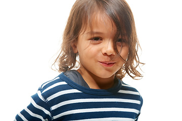 Image showing Portrait, kids and mockup with a boy child in studio isolated on a white background for marketing. Children, happy and smile with a male kid on blank mock up space for advertising or branding