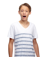 Image showing Portrait, wow and surprise with a boy child in studio isolated on a white background for marketing or advertising. Children, omg and shock with a male kid looking surprised on blank branding space