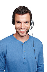 Image showing Customer support communication, studio portrait and man talk on contact us CRM, telemarketing or call center. Telecom microphone, happy customer service and consultant consulting on white background