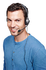 Image showing Customer support consulting, face portrait and man talking on contact us CRM, telemarketing or call center. Telecom microphone, customer service communication or consultant on white background studio