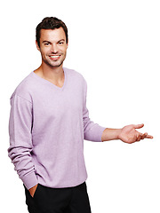 Image showing Man, portrait and smile of a model with white background gesture to mockup for advertisement. Isolated, studio and person with mock up space for marketing and advertising with happiness and smiling