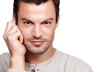 Image showing Portrait, mockup and serious with a man in studio isolated on a white background for advertising or marketing. Face, mock up and product placement with a male posing to promote a brand or logo