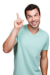 Image showing Idea, thinking and man pointing hand with excited smile for happiness with strategy in studio. Confident brainstorming and ideas of happy model contemplating on isolated white background.