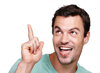 Image showing Funny, comic and face of a man with a hand isolated on a white background in studio. Crazy, thinking and excited cool person with an idea pointing, happiness and smile on a studio background