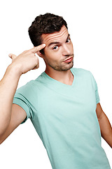 Image showing Idea, thinking and man pointing at head, brainstorming creative startup project isolated on white background. Innovation, business mindset and smart guy with ideas for solution in studio portrait.