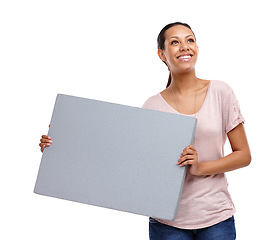 Image showing Woman, blank poster and model with a marketing space and advertisement sign. Isolated, white background and happy person smile with advertising billboard mockup for sale or deal on paper