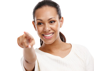 Image showing Face, pointing and showing with a black woman in studio isolated on a white background for marketing. Product, brand and advertising with a female on blank space to point at an option or selection