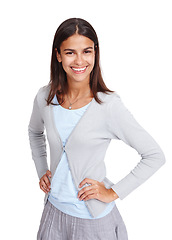 Image showing Portrait, happy and woman in studio for good mood, young and casual on a white background. Face, excited and optimistic girl feeling confident, content and positive attitude while standing isolated