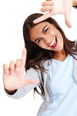 Image showing Woman face, portrait and hands framing of a model smile with happiness and white background. Isolated, young person and hand frame of a happy female laughing and having fun in a studio alone