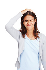 Image showing Confused, doubt and mistake with a woman in studio isolated on a white background standing hand on head. Stress, error and fail with an attractive young female on advertising or marketing space