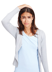 Image showing Stress, confused and portrait of woman in studio with puzzled, doubt and thinking people expression. Anxiety, confusion and uncertain young person with sad face at isolated white background.