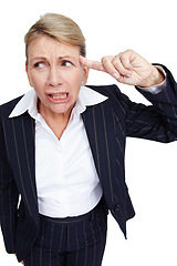 Image showing Thinking, stress and mental health with a business woman in studio isolated on a white background for dementia awareness. Compliance, burnout and idea with a senior female employee on blank space