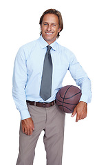 Image showing Sports, management and portrait of businessman with basketball and smile isolated on white background. Leadership, strategy and game plan, happy man or sport manager standing in studio holding ball.