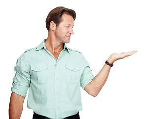 Image showing Business, man looking at hand out for product placement and mockup space isolated on white background. Marketing, advertising launch and product announcement or presentation, businessman in studio.