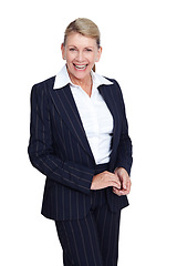 Image showing Portrait, business and mockup with a senior woman in studio isolated on a white background for corporate branding. Manager, motivation and success with a mature female employee on blank space