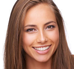 Image showing Skincare, beauty and portrait of woman on a white background for wellness, dermatology and healthy skin. Happy, confidence and girl smile isolated in studio with cosmetics, makeup and natural face