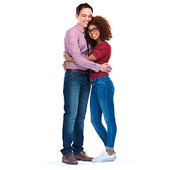 Image showing Love, interracial and couple hug portrait for care, romance and happiness together for advertising. Happy asian man and black woman in romantic relationship on isolated white background for mockup.