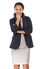Image showing Portrait, business and black woman with achievement, corporate success and entrepreneur isolated on white studio background. Jamaican female, employee and leader with startup, smile and confident