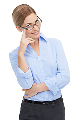 Image showing Portrait, corporate and woman with glasses, employee and lady isolated on white studio background. Busines, female leader and spectacles with smile, confidence and advertising campaign on backdrop