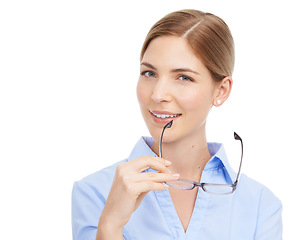 Image showing Portrait, corporate and woman with glasses, smile and girl isolated on white studio background. Female employee, entrepreneur or consultant with eyewear, confidence or business owner thinking or idea