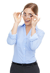 Image showing Portrait, excited and woman with glasses, corporate and receptionist isolated on white studio background. Business, female agent and clear vision with eyewear, confident and happiness on backdrop