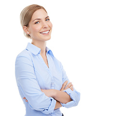 Image showing Business, portrait and woman arms crossed, happiness and consultant isolated on white studio background. Finance, financial adviser and accountant with new portfolio, trading success and leadership